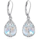 Eusense Sterling Silver Dangle Earrings for Women Tree of Life Animals Moonstone Turquoise Leverback Earrings Jewelry Gifts