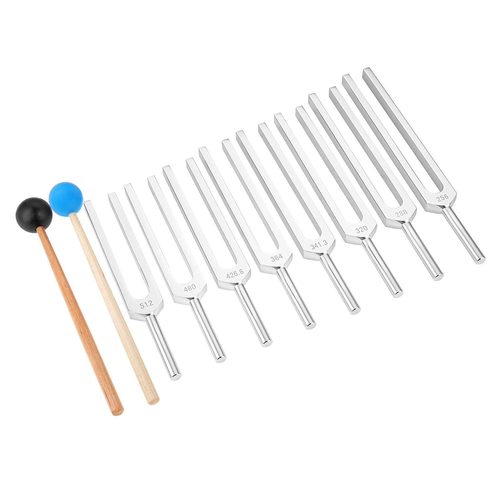 gohantee 8Pcs Angel Tuning Forks - 256, 288, 320, 341.3, 383, 426.6, 480, 512 Hz Tuner with Silicone Hammer for Healing Vibration Therapy, Solfeggio and Instrument Tuning, Low Frequency