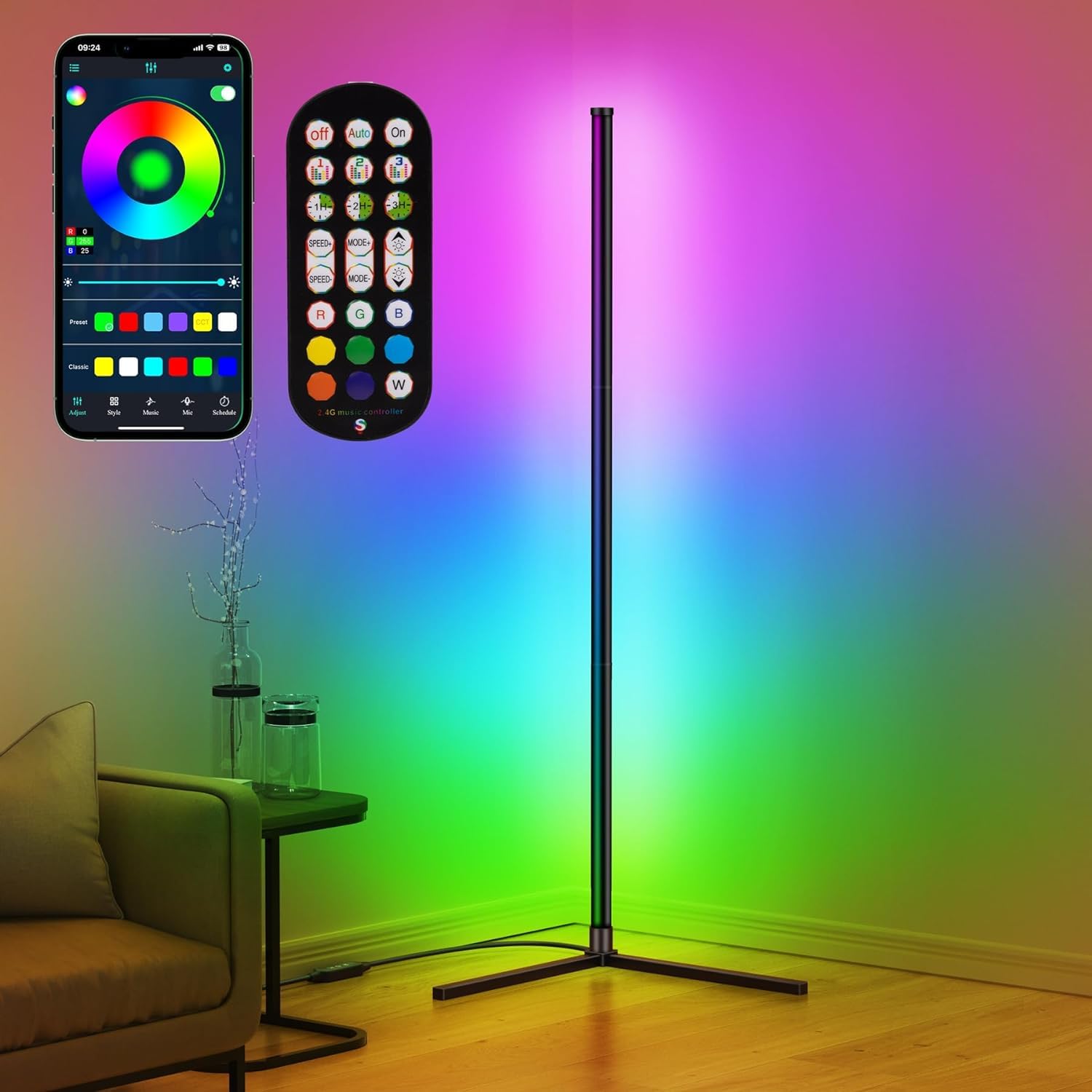 riyo Led Floor Lamp, RGB Corner Floor Lamp with APP and Remote Control, 16 Million Colors & 68+ Scene Color Changing Ambience Light with Music Sync for Living Room, Bedroom, Gaming Room Decor