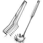 Patelai Stainless Steel Spaghetti Spoon and Pasta Tongs Set, Long Handle Noodle Server Tools with Drain Holes, Non-slip Grip for Cooking, Serving Pasta and Noodles(Sliver)