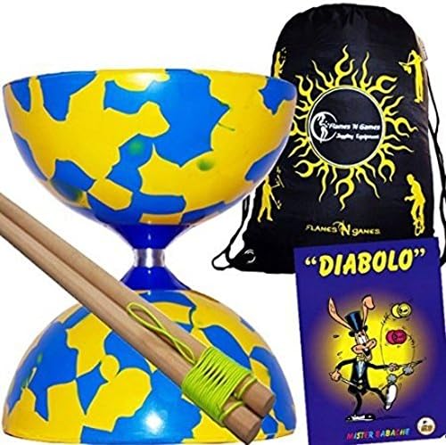 Juggle Dream JESTER Diabolo Set - Blue/Yellow! With Wooden Diablo sticks + Mr Babache Diabolo Book of Tricks + Flames 'N Games FABRIC Diabolo Travel Bag!
