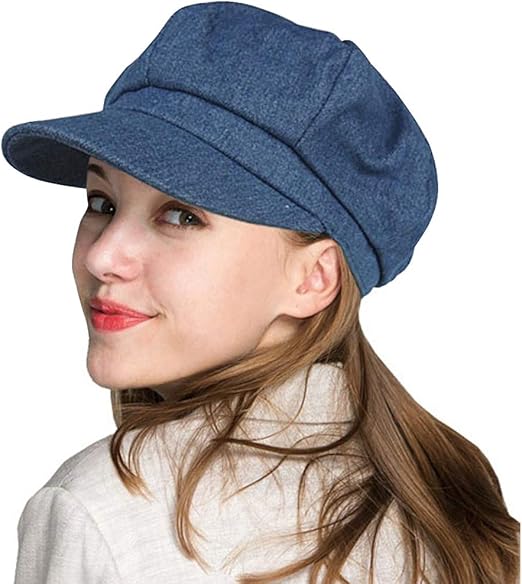 WETOO Women Newsboy Beret Cap Flat Cap Washed Denim Beret Visor Cabbie