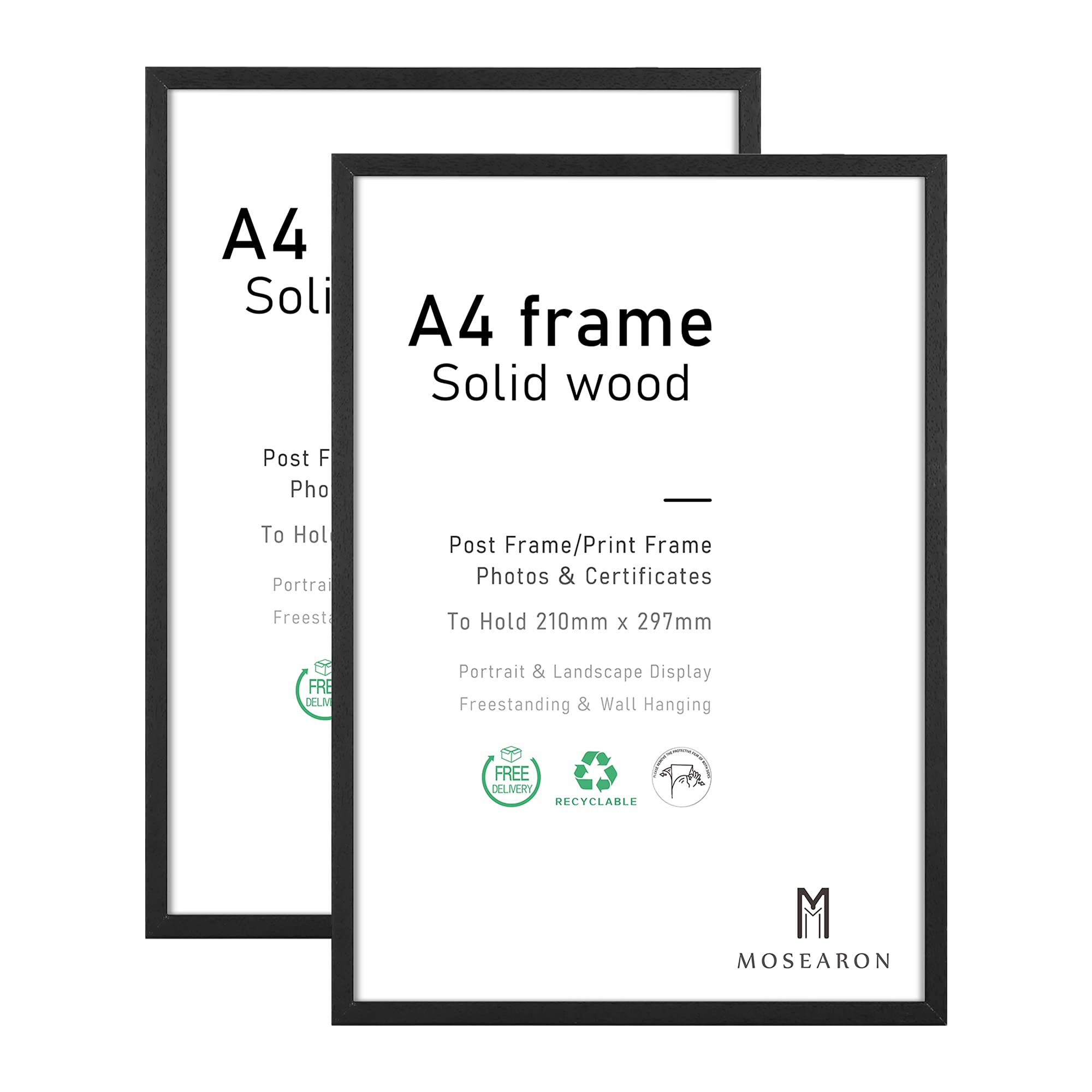 A4 Wood Photo Frame,2 Pack-21x30cm Black Wood Picture Frame,Certificate Frame for Wall Mount or Table Top Display,Set of 2