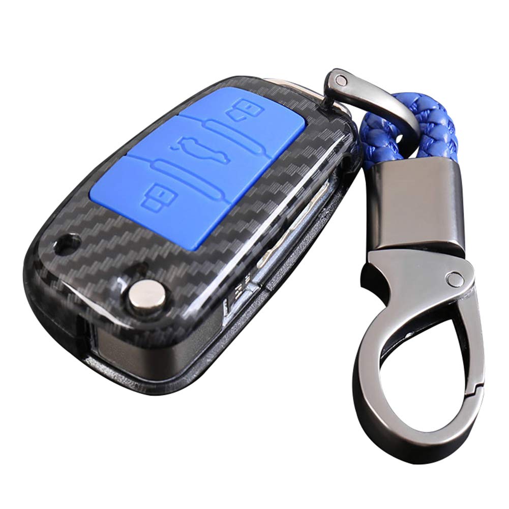 Happyit ABS Carbon Fiber Shell + Silicone Car Key Case Cover Keychain for Audi Sline A3 A5 Q3 A6 C5 C6 A4 B6 B7 B8 TT 80 S6 3 Buttons (Blue)