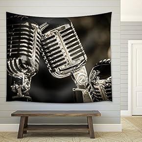 Closeup of Chromed Retro Recording Studio Microphones - Fabric Wall Tapestry Home Decor - 51x60 inches