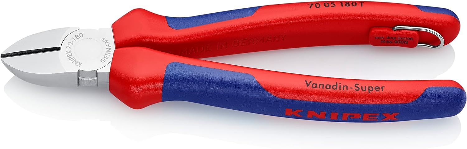 KNIPEX 70 05 180 T Diagonal Cutter Chrome Plated with Multi-Component Grips, with Integrated Tether Attachment Point for a Tool Tether 180 mm
