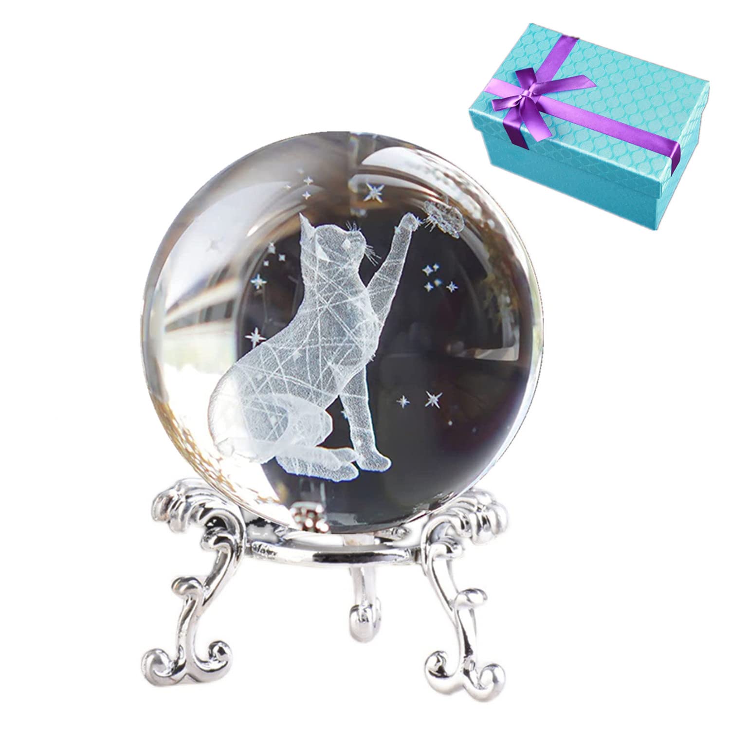 Cat Gifts for Women, 6cm Crystal 3D Ball with Stand Cat Figurine Ball, Home Art Decor Crafts Ornament Gifts for Cat Lovers Memorial Gift for Special People