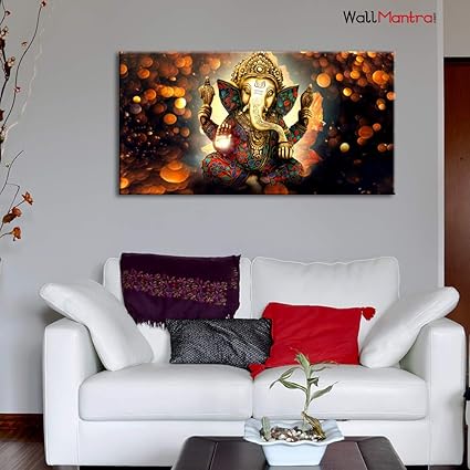 Wallmantra Big Panoramic Sri Ganesha Indian Hindu Spiritual Wall Painting Canvas Print Wall Hanging Home Decor For Living Room Bedroom Office