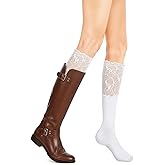 Grevosea 2 Pairs Lace Knee High Socks, Cute Y2K Boot Socks with Lace Trim Long over Knee Stocking for Women (White)