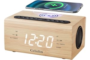 Gelielim Digital Alarm Clock Radio, Alarm Clock with Wireless Charging, Bluetooth Speaker, USB Charging Port, Dimmable Display, Sleep Timer, Snooze Timer Function, Clock radios for Bedroom