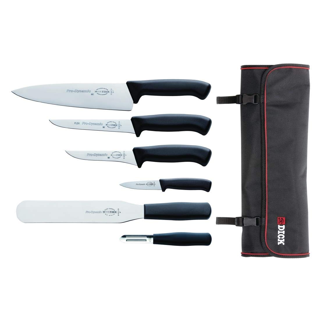 Dick Pro Dynamic 6 Piece Knife Set with Wallet, German Steel, Chefs Knife 8½ inch, Flexible Knife 7 inch, Palette Knife 9 inch, Boning Knife 5 inch, Paring Knife 3 inch, Peeler and Wallet | GH738