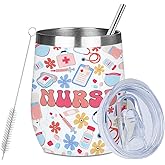 Nurse Gifts Nurse Accessories for Work 12oz Insulated Cup with Lid Straw Wine Tumbler Vacuum Insulated Travel Cup, Nursing Gifts for Women RN Nurses Student Birthday Christmas Halloween Graduation