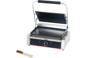 KOUWO Commercial Panini Press With Grooved Grill Sandwich Maker Machine Electric Contact Grill Single (Large Smooth Top&Bottom)
