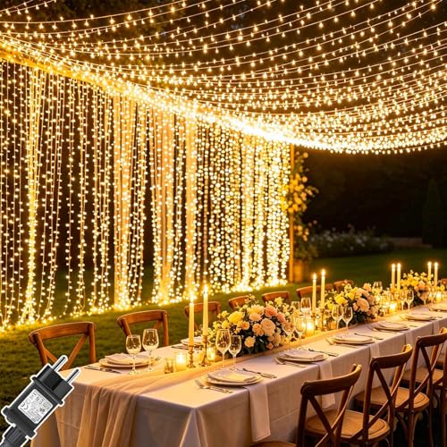 Cozymeow 600 LED 6 x 3 m Outdoor Waterfall Lights with Timer, 8 Waterproof Modes, Connectable Lights for Garden, Wedding, Gazebo, Parties, Balcony – Warm White