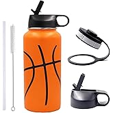 32 oz Basketball Water Bottle, Wide Mouth Sports Flask Metal Travel Tumbler with 2 Lids, Stainless Steel Double Wall Vacuum Insulated Thermo Water Bottles, Basketball Accessories Gifts for Boys Girls