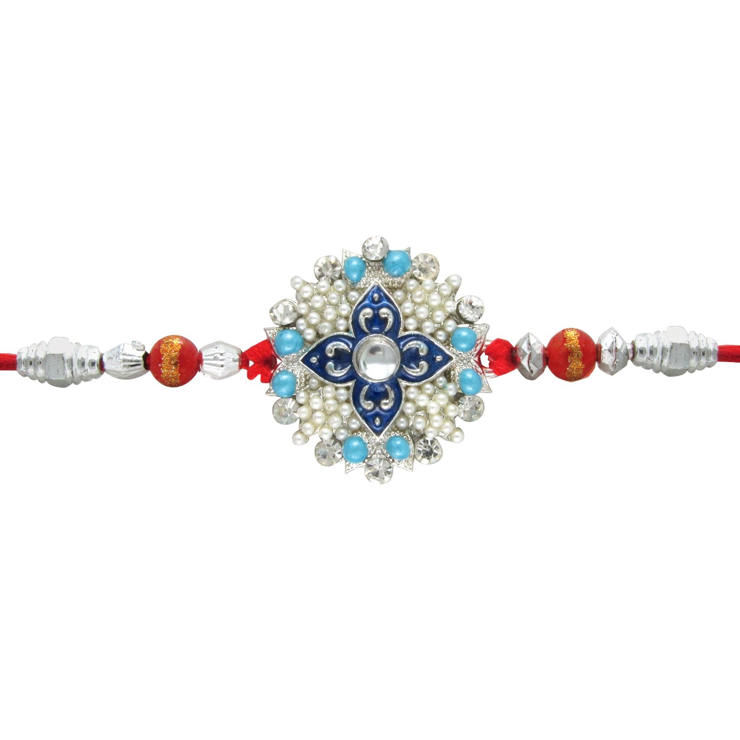 mahi rhodium plated florid rakhi with crystals & pearls for men/boys_br1100527r