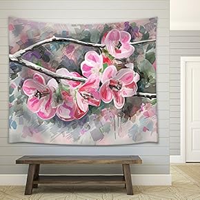 Original Painting of Flower, Blooming Spring Tree, Watercolor Style, Vector Version - Fabric Wall Tapestry Home Decor - 51x60 inches