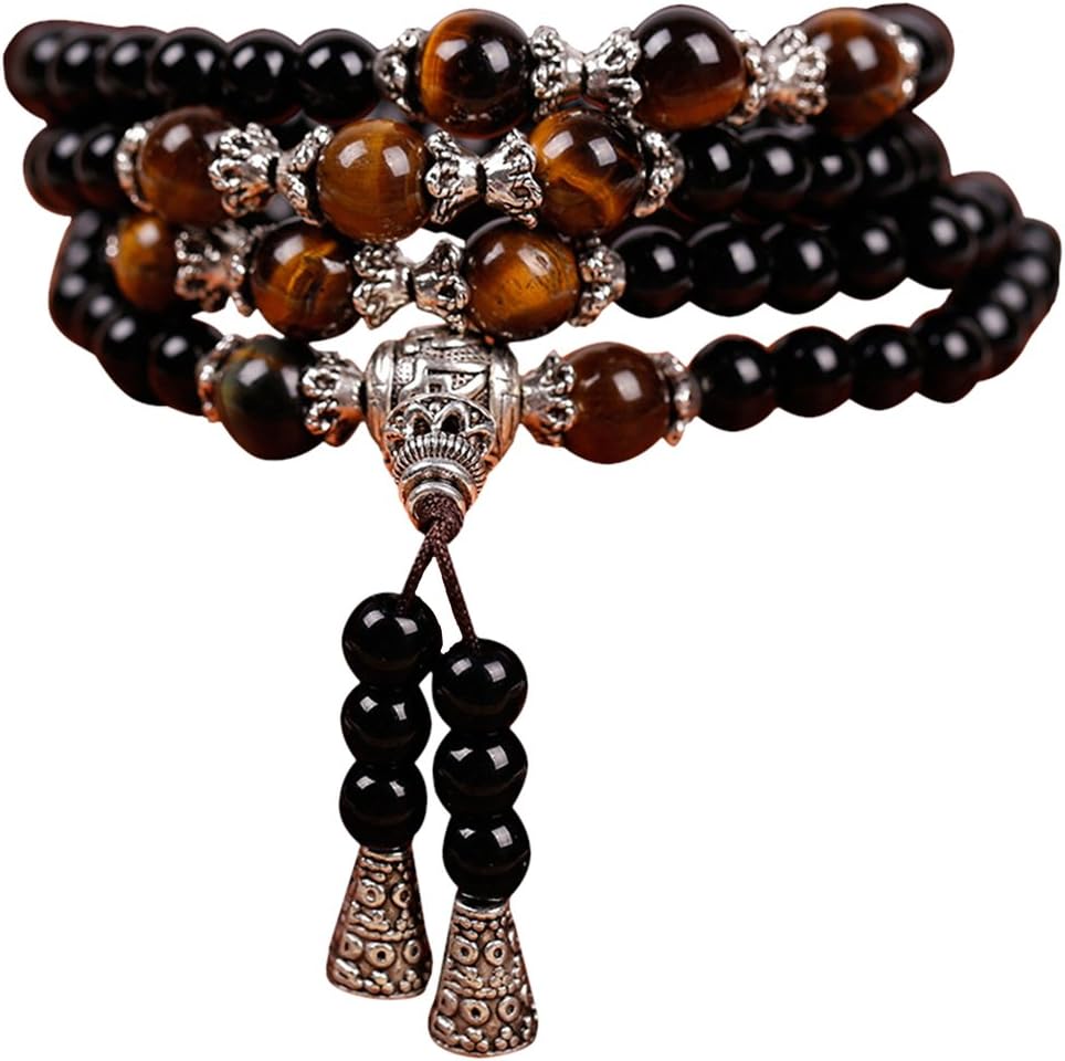 Natural Crystal Obsidian Tiger Eye Beads Elastic Mala Yoga Handmade Necklace Bracelet