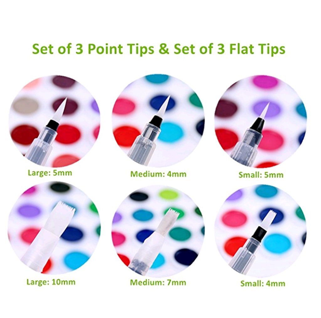 H&B Water Brush Pens Set 6 Watercolor Brushes Assorted Brush Tips Refillable, Watercolor, Calligraphy, Painting