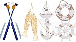 Wooden Oar Wall Decor,Hand carved Vintage Style Decorations for Home, office, Bathroom,Wooden Nautical Lighthouse Anchor Wall Hanging Ornament,Welcome Abroad Life Ring Wall Décor