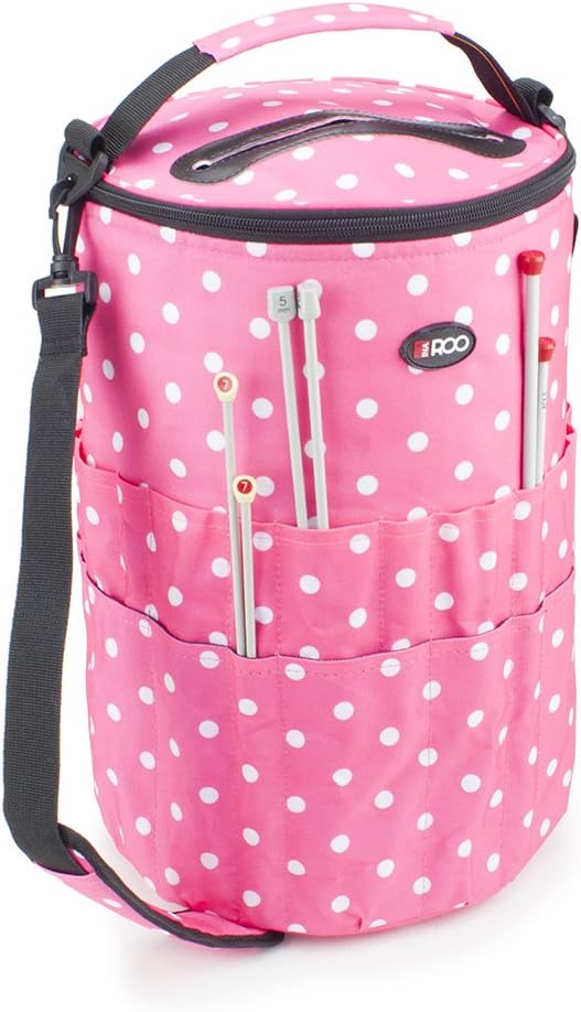 Knitting Bucket Bag, Sewing Accessories and Craft Needle Storage Organiser with Yarn Feeder in Pink Polka Dot