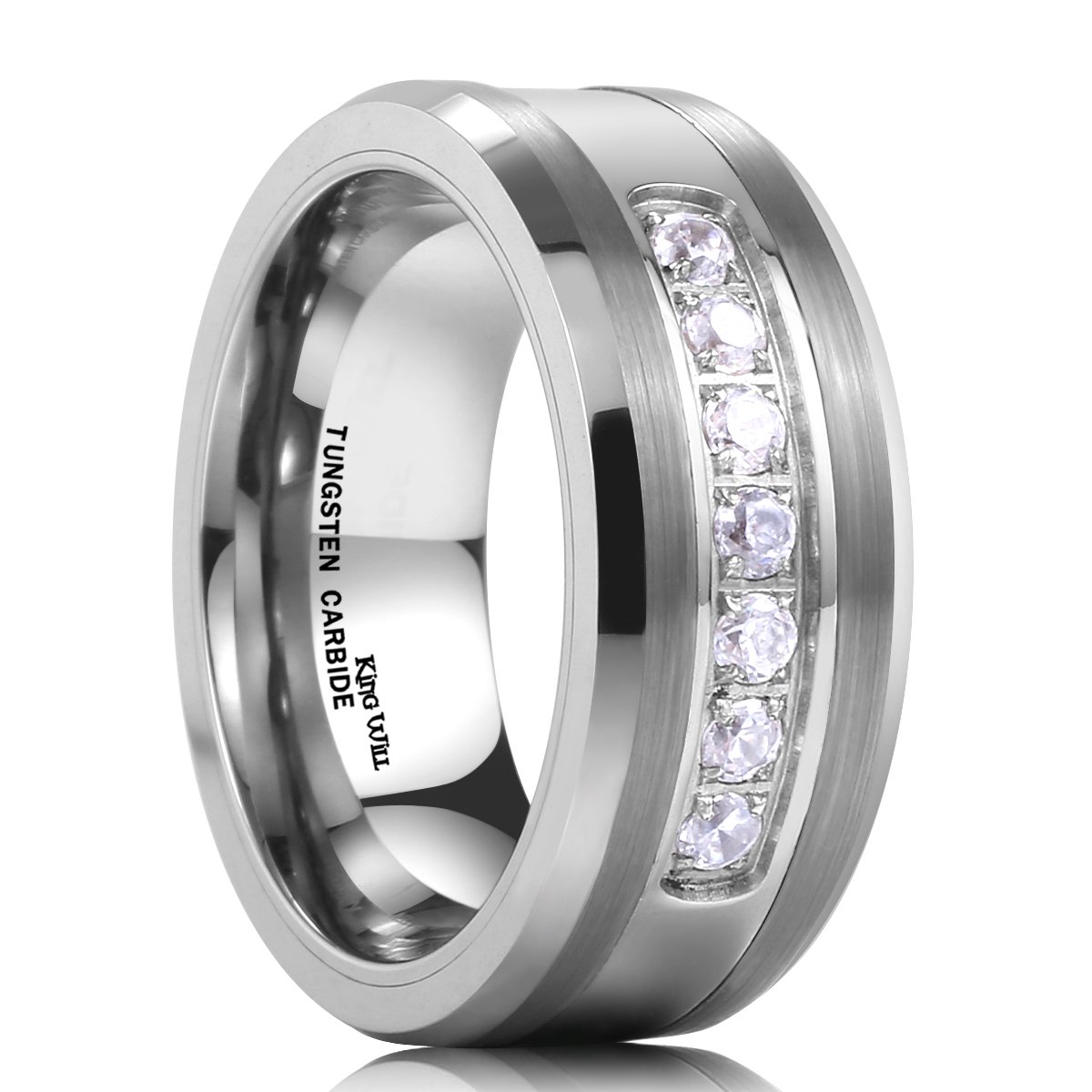 King Will GEM 8mm White Tungsten Ring Unisex Wedding Band Polished Beveled Edge CZ Stone Channel Set