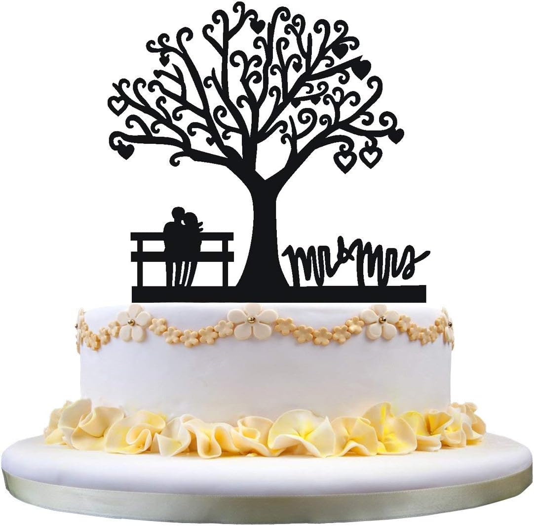 Maison Arbre Anniversaire Gateau Topper Decoration Mariage Acrylique Noir Couple Sur Un Banc Maison Et Jardin Autres