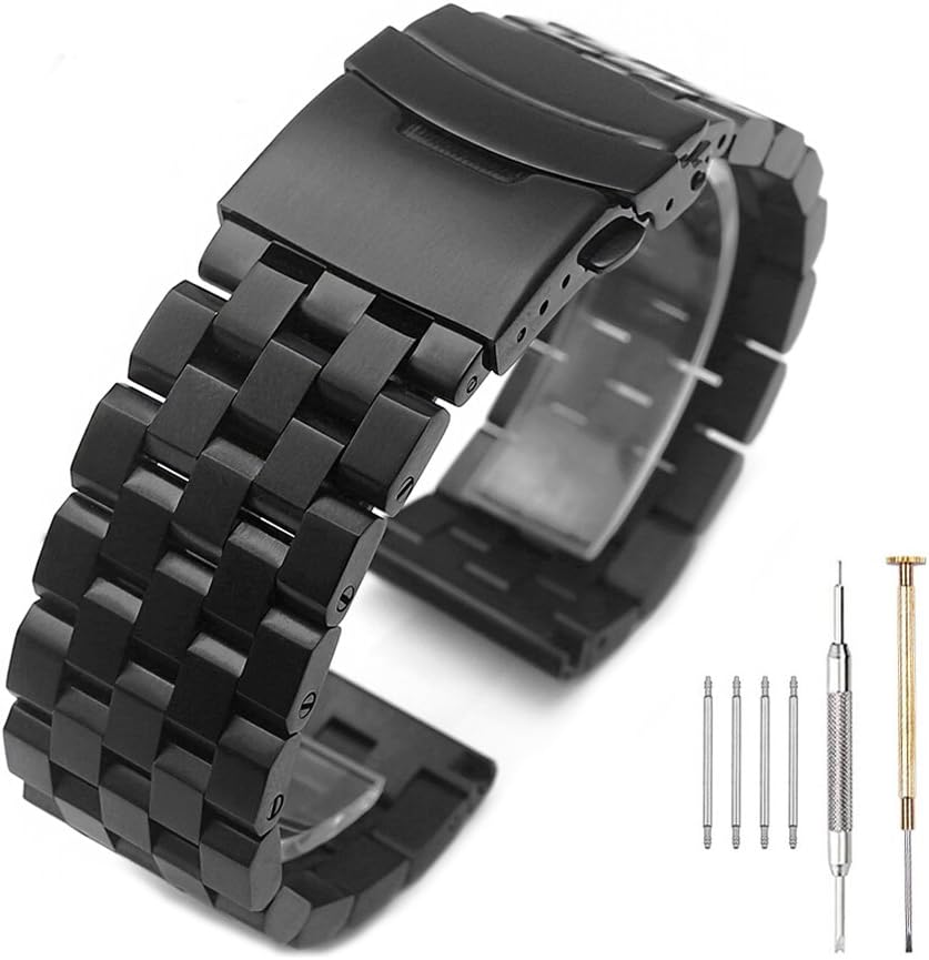 Brushed Silver 316L Solid Stainless Steel Watch Band Bracelet Strap 20mm/22mm/24mm Double Locking Clasp for Mens Women