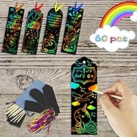 KOMIWOO Scratch Rainbow-Bookmarks 60 Pcs, Magic Scratch Paper Art Bookmarks DIY Gift Tags with Satin Ribbons, Wood Stylus, Rope, Storage Bag for Kids Party and Arts & Craft Activity