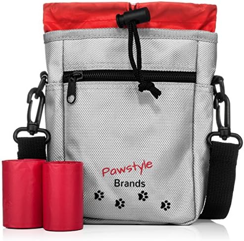 Pawstyle Dog Treat Carry Pouch for Training, with Adjustable Waist Belt or Over the Shoulder Strap, 2 Zippered Pockets, Built-in Dog Waste Bag Dispenser; Plus 2 Rolls of Waste Bags