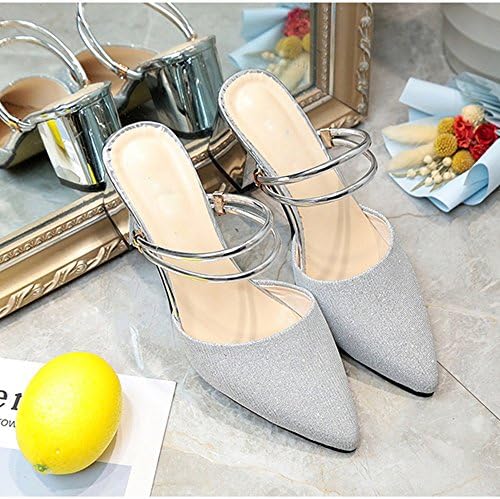 FEI Mules Spring And Summer New Sandals Female Thick With Two Wear Pointed High Heel Bag Half Slippers Silver, Golden Sandals Casual (Color : Silver, Size : EU39/UK6/CN39)