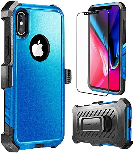 iPhone X Case, MAHYVE [Dust-Proof] Belt-Clip Heavy Duty Kickstand Cover [Shockproof] Light Rugged Armor PC+TPU Shell with Tempered Screen Protector for Apple iPhone X (Blue)