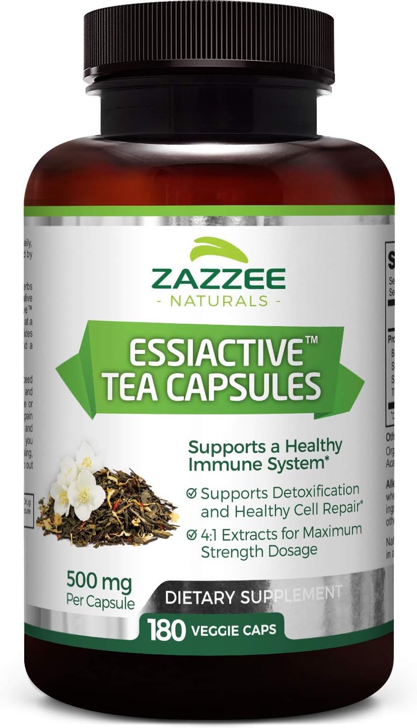 Zazzee Essiac Tea, 180 Veggie Capsules, 500 mg per Capsule, Potent 4:1 Extract, Vegan, Non-GMO and All-Natural, Rene Caisse's Original Formula‎: Health & Personal Care