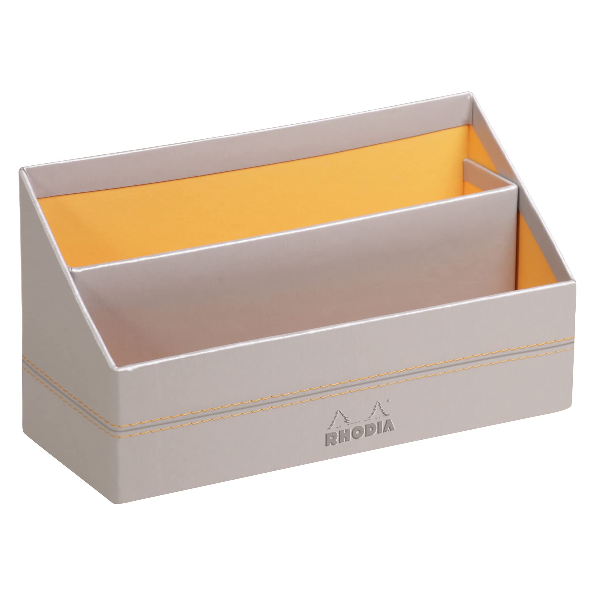 RHODIA 318841C - Silver Mail Holder - 25x10x14 cm - Orange Saddle Stitching - Faux Leather Exterior - Rhodiarama Home Office Collection - Office Organization & Designer Storage