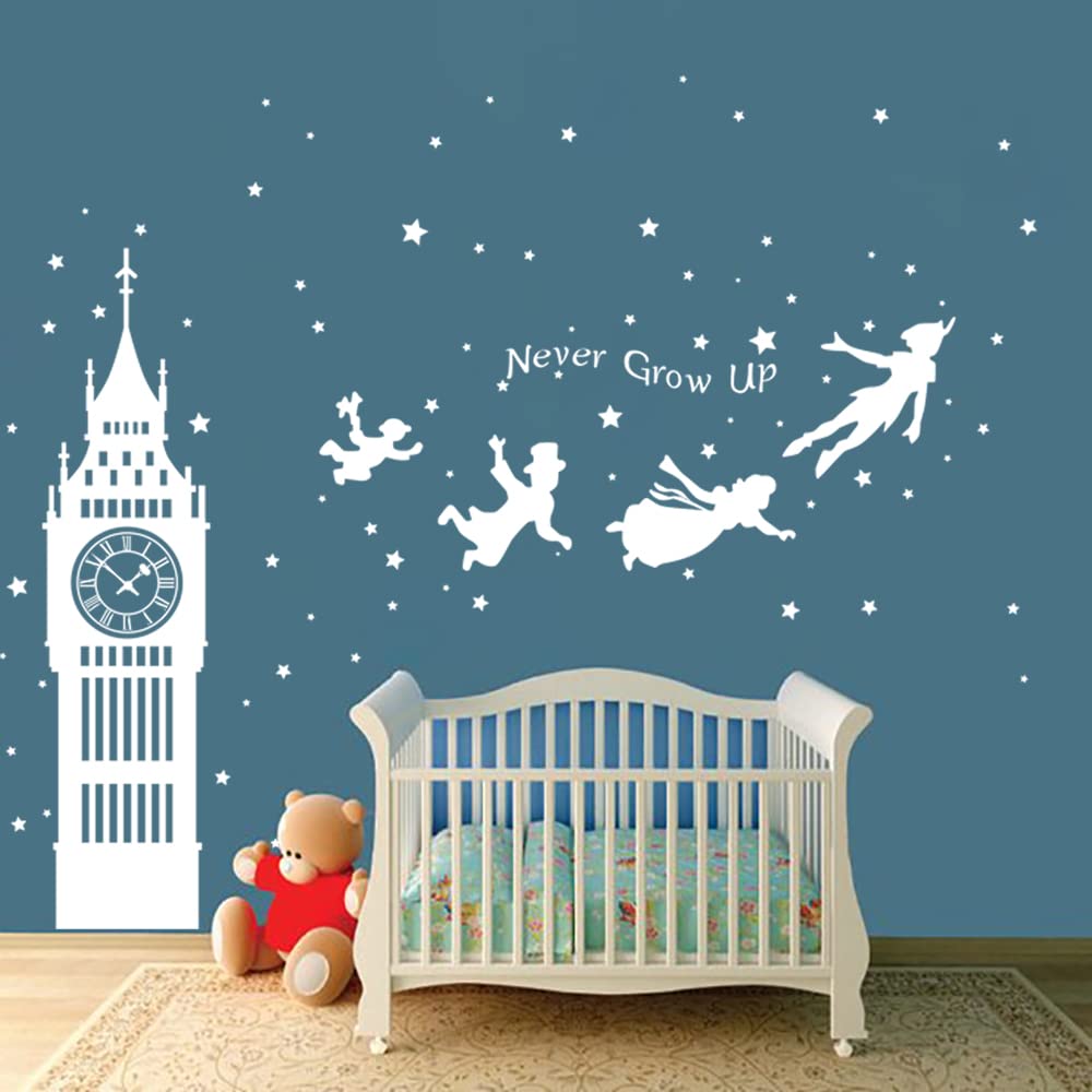 Runtoo Peter Pan Wall Decals Big Ben Quotes Never Grow Up Quotes Star Wall Stickers Kids Bedroom Baby Nursery Wall Decor White