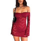 Womens Sexy Off Shoulder Lace Dresses Long Sleeve See Through Bodycon Mini Dress Y2K Dress Birthday Date Night Outfit