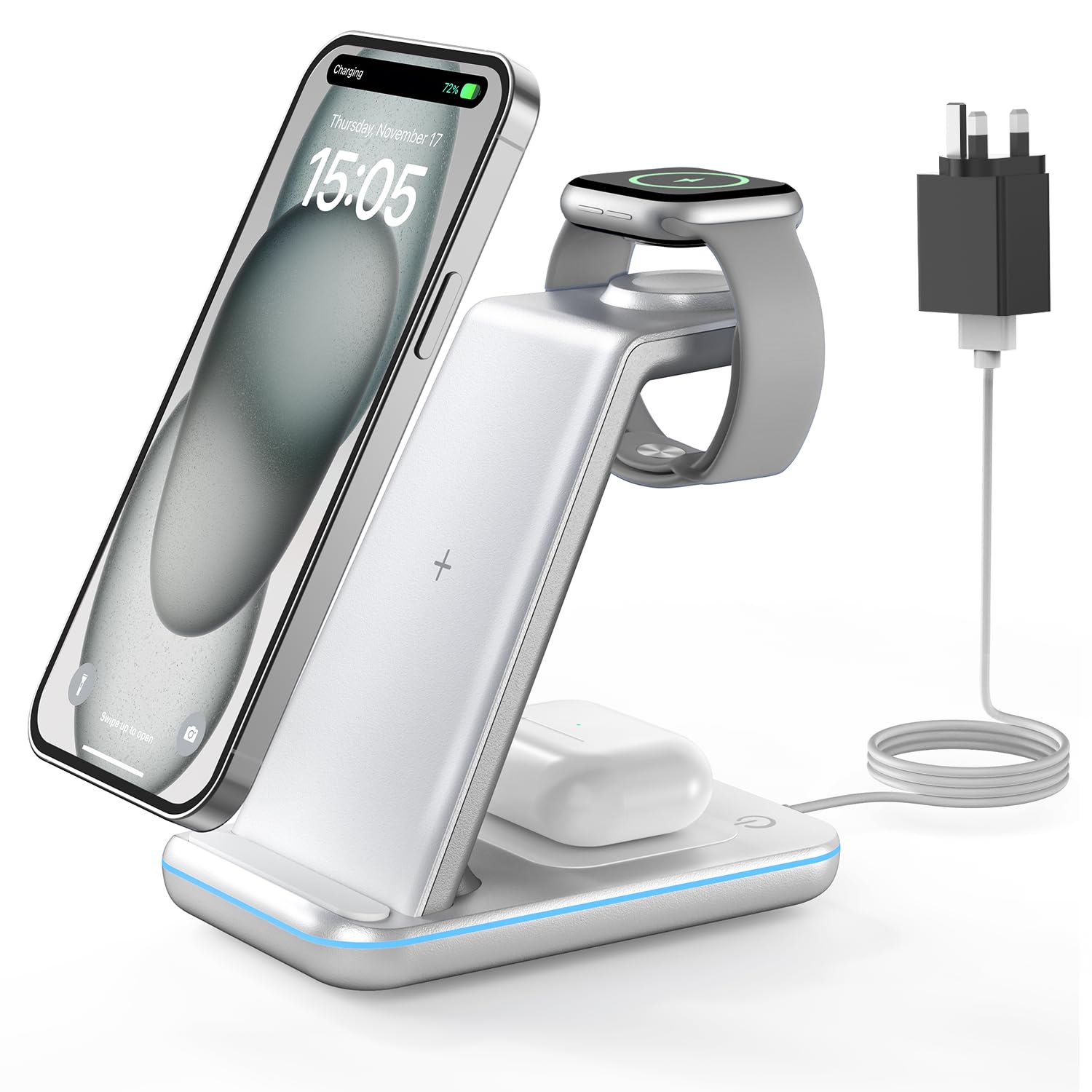 GEEKERA Wireless Charger, 3 in 1 Wireless Charging Station for iPhone Air/17/16/15/14/13/12/11/Pro Max/X/8, Phone and Watch Charger Stand for Apple Watch Ultra 3-2/11-2/SE, AirPods Pro/4/3/2, Silver