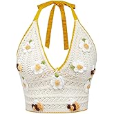 SHENHE Women's Open Back Crochet Floral Halter Crop Tops Lace Up Backless Boho Fairycore Hippie Top