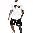 GORGLITTER Men's 2 Piece Outfits Letter Print Crewneck Short Sleeve T-Shirt and Shorts Set
