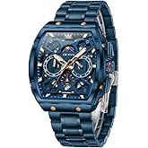 OLEVS Watches for Men Analog Quartz Luxury Diamond Waterproof Chronograph Stainless Steel Big Face Square Date Moon Phase Roman Numeral Dress Watch for Men