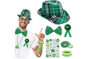 Ansee 8PCS St Patricks Day Accessories Set, Green Plaid Fedora Bow Tie Glasses Badge Tattoos Wristbands Costume Set for Women Men (TYPE1)