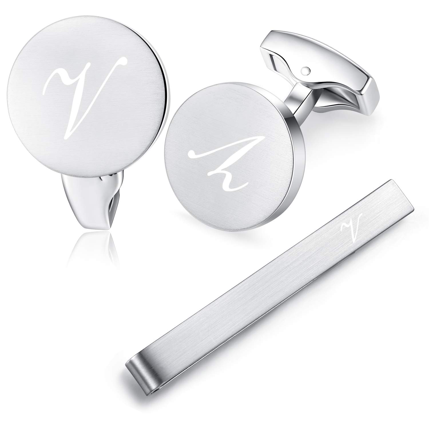 HONEY BEAR Initial Alphabet Letter Cufflinks Tie Clip Set for Mens - Round Stainless Steel, for Business Wedding Gift,Brushed Silver (V)