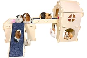 Bonnevie Guinea Pig Hideout House Wooden Castle Set Hide with Ladder Loft Fleece Bed Ramp Wood Hut with Attic Platform for Chinchilla Chipmunk Hedgehog Squirrel Hideaway Extra Large