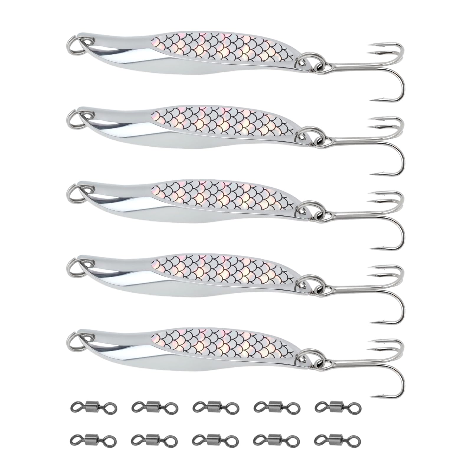 SG Store 5pcs Silver Metal Sea Fishing Lures 65mm Wedge Slice Treble Hooks Lures with 10 Swivels Casting for Bass Mackerel Trout Bluefish Pik Salmon 21g
