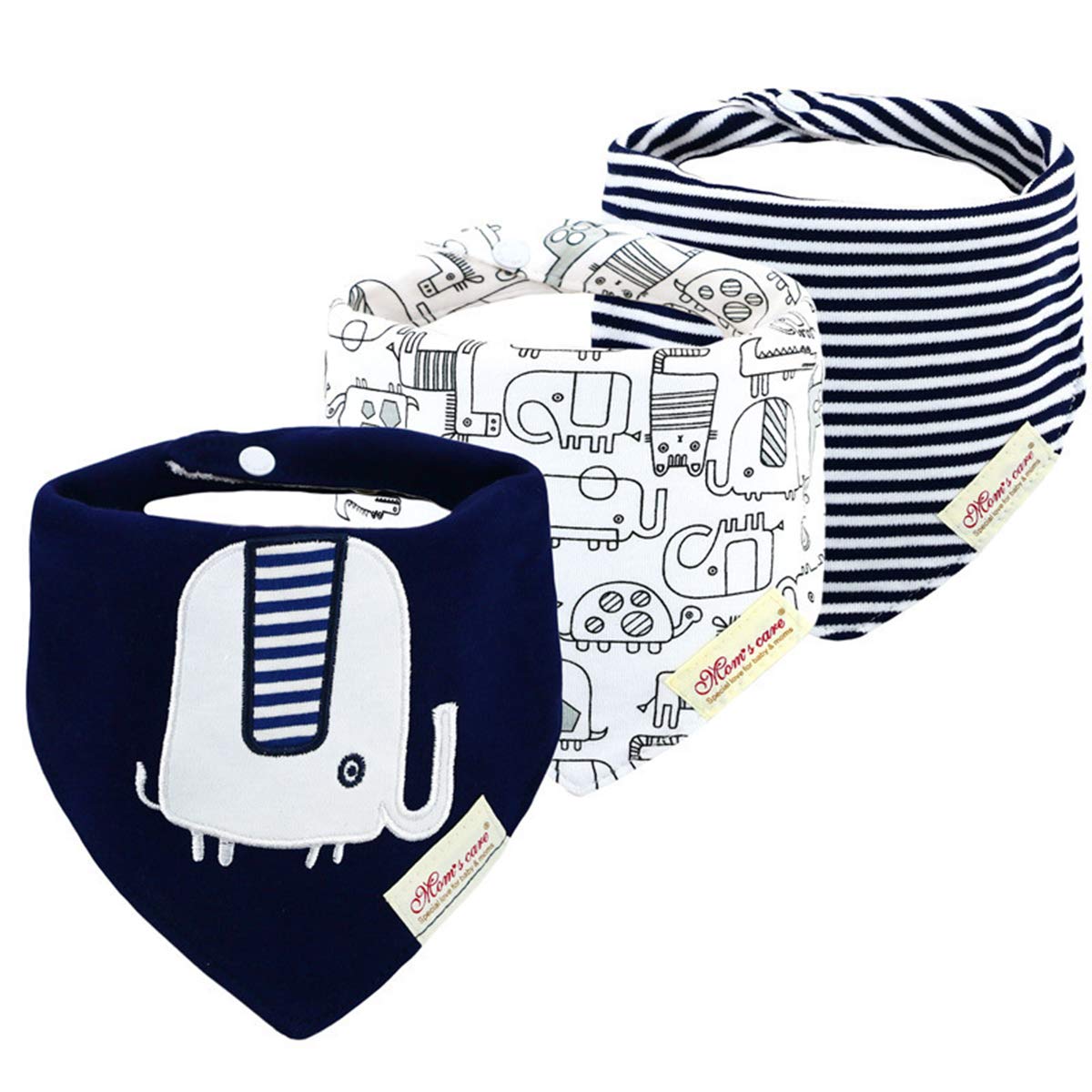 CuteOn Baby Drool Bibs, Unisex 3-Pack Absorbent Cotton, Triangle Bib with Snaps Gift for Boys & Girls - Asorted (31 RoyalBlue Elephant)
