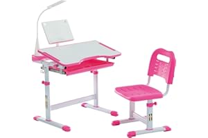 Diroan Kids Functional Desk and Chair Set, Ergonomic Height Adjustable Children School Study Desk with Tilt Desktop, Book Stand, LED Light, Metal Hook and Storage Drawer for Boys Girls(Pink)