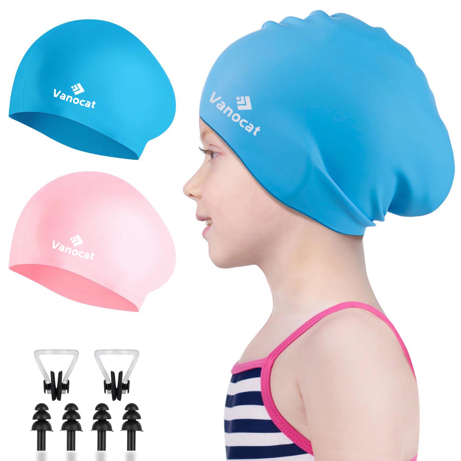 Vanocat 2 Pack Kids Swimming Cap Short/Long Hair, Unisex Silicone Swimming Hat for Age 3-15 Children Toddler Teen, Waterproof Shower Swim Cap for Girls Boys with Ear Plugs & Nose Clip（Pink+Sky Blue）