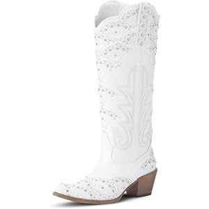 WOKOOT Women's Cowboy Boots Durable 3D Rhinestone Wedding Cowgirl Boots | Knee High Sparkly Embroidery Western Boot for Party