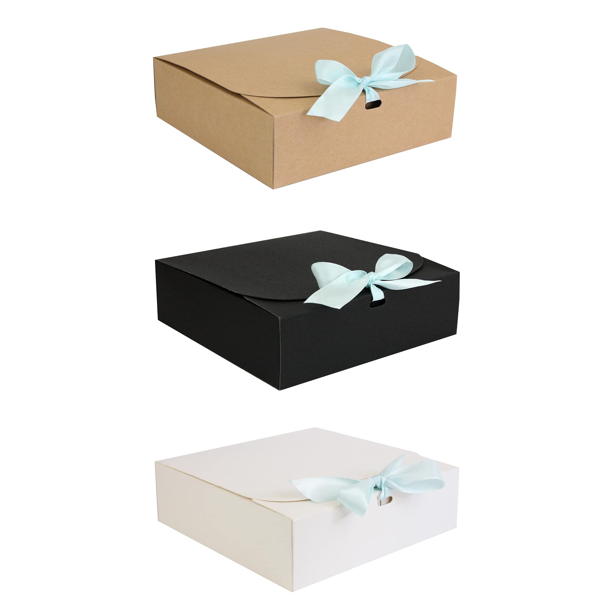 Emartbuy Pack of 12 Gift Boxes, 16.5 cm x 16.5 cm x 5 cm, Easy Assembly, White, Brown and Black Kraft Box with Light Blue Bow Ribbon