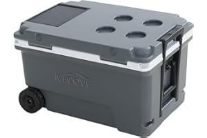IceCove 60-Quart Solar Cooler Portable Insulated Ice Chest with Wheels and Handle for Party, Camping, Beach Sand and Outdoor Activities, Heavy Duty Opener and Cup Holder, Castlerock Grey